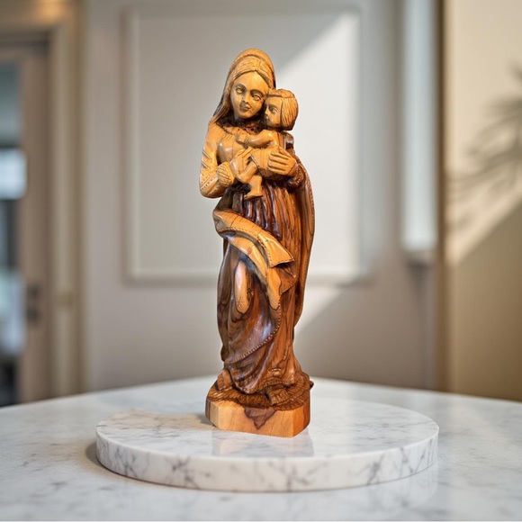 Unbranded Other - Olive Wood Hand Carved Virgin Mary & Baby Jesus Bethlehem 2002 Signed